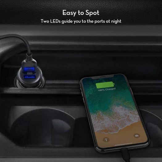 Car Charger USB Car Cigarette Lighter 24W Adapter with Total 5V 4.8A Output and Two Guiding LED Lights for iPhone XS/XR/XS Max, Galaxy S9/S8, iPad Pro, and Android Devices