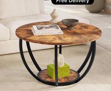 28" Round Coffee Table with Storage,2 Tier Wood Ac