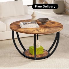 28" Round Coffee Table with Storage,2 Tier Wood Ac