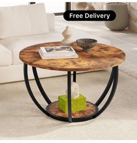 28" Round Coffee Table with Storage,2 Tier Wood Ac