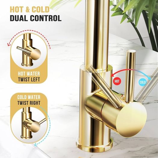 NEW SALE | Kitchen Tap, Kitchen Sink Mixer Tap with 360 Degree Swivel Pull Down Sprayer Commercial Kitchen Taps Single Handle Mixer Tap Cold and Hot 3-Modes Spray with Standard Fittings Gold