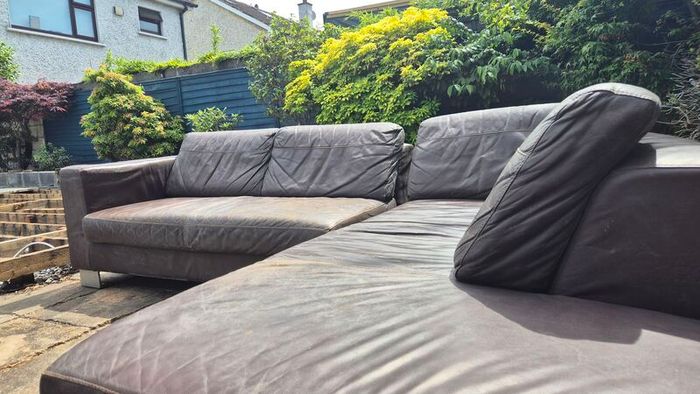 Premium Dark Brown Leather Corner Sofa & Matching Storage Ottoman