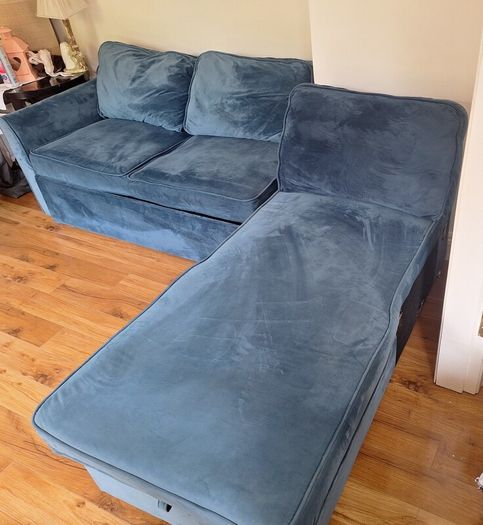 Blue Velvet Corner Sofa Bed with Storage
