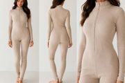Women's Ribbed Zip-Up Jumpsuit Beige | One Size
