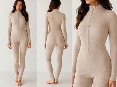 Women's Ribbed Zip-Up Jumpsuit Beige | One Size