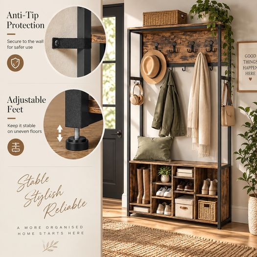 Industrial Coat Rack with Shoe Bench, Storage Shelves & Hooks 100cm Hallway Unit