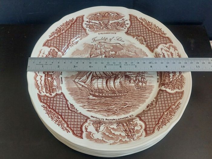 Vintage Set of Six Brown and White Fair Winds, Historical Scenes of Chinese Export to America - "The Friendship of Salem" Large Dinner Plates by Alfred Meakin