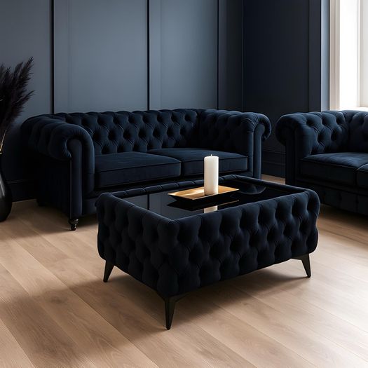 Vevet coffe table with glass BLACK 83x63cm