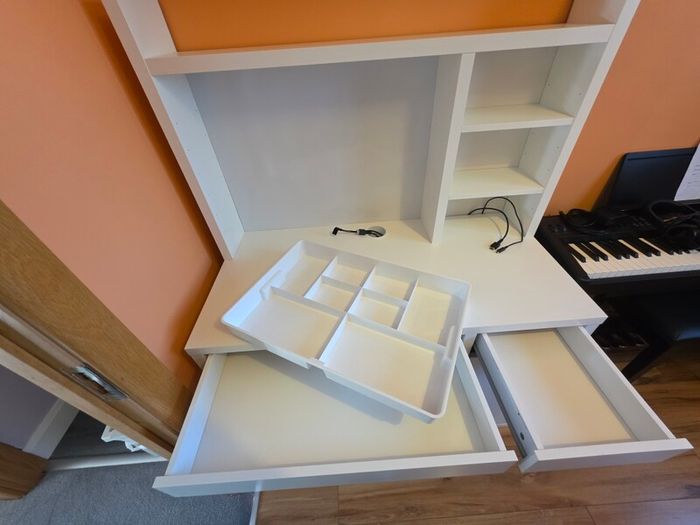 IKEA MICKE White Desk with Shelving Unit, Whiteboard & Storage - Excellent Condition