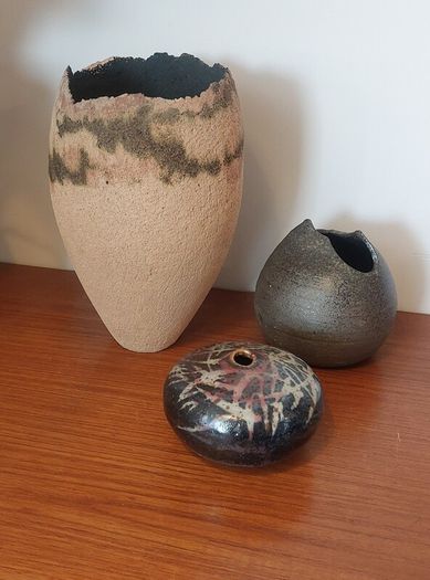 Fabulous Collection of Three Hand-Built Studio Pottery Vases with Organic Asymmetric Shapes, All Hand Made, Unknown Maker Different Makers, Pieces of Sculptural Art