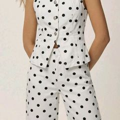 Polka dot denim waistcoat and jeans