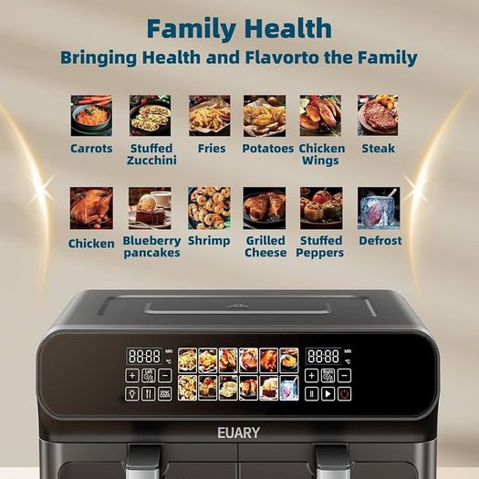 EUARY dual basket  Air Fryer 9L Oil Free 2 Compartments XXL 2800 W Large Capacity, 2 Air Fryer Bins, 12 Cooking Programs, Touch Screen, Appointment Function