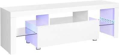 _TV table for TVs up to 60 inches, large TV cabinet, TV cabinet, TV shelf with LED lighting, lowboard, living room, 140 x 35 x 45 cm, modern, glossy, white