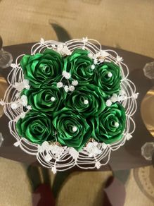 Handmade Green Satin Rose Bouquet with Pearls