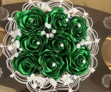 Handmade Green Satin Rose Bouquet with Pearls