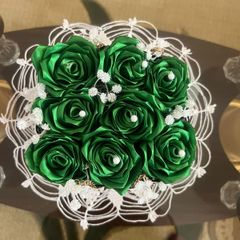 Handmade Green Satin Rose Bouquet with Pearls