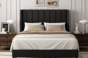 Double Bed Frame with Headboard, Vertical Channel Tufted Wingback No Box Spring Needed, Mattress Foundation, Easy Assembly, Black