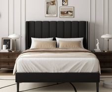 Double Bed Frame with Headboard, Vertical Channel Tufted Wingback No Box Spring Needed, Mattress Foundation, Easy Assembly, Black