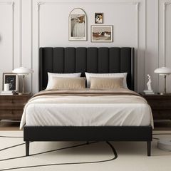 Double Bed Frame with Headboard, Vertical Channel Tufted Wingback No Box Spring Needed, Mattress Foundation, Easy Assembly, Black