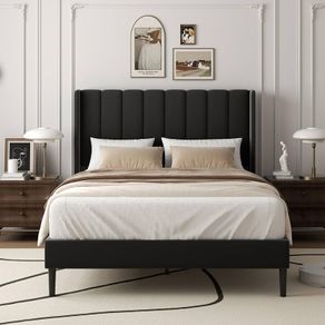 Double Bed Frame with Headboard, Vertical Channel Tufted Wingback No Box Spring Needed, Mattress Foundation, Easy Assembly, Black