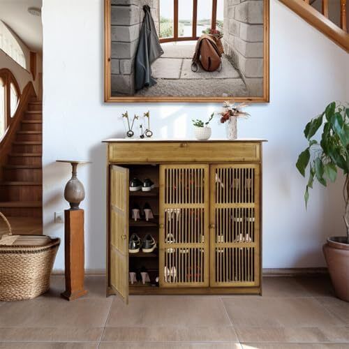 Wooden Shoe Storage Cabinet with Slatted Doors, 5 Tier Storage freestanding