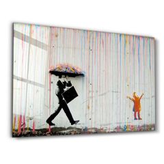 Banksy Umbrella Man Rainbow Rain Girl Glass Wall Art