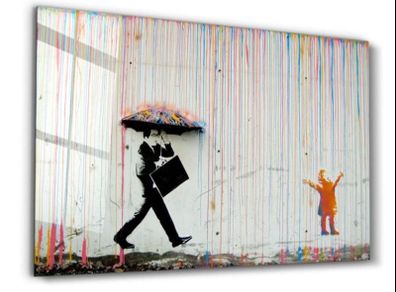 Banksy Umbrella Man Rainbow Rain Girl Glass Wall Art
