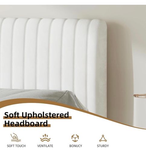 Single Bed Frame, 90 x 190 cm, Upholstered Bed with Velvet Headboard, Adjustable Height, Wooden Slat Support, No Box Spring Needed, White