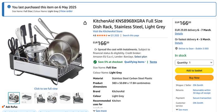 KitchenAid Full Size Dish Rack, Stainless Steel, Light Grey