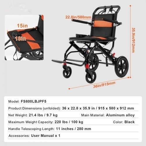 Wheelchair Aluminum Alloy Transport Chair Foldable 45.7 cm W Seat 99.8 kg