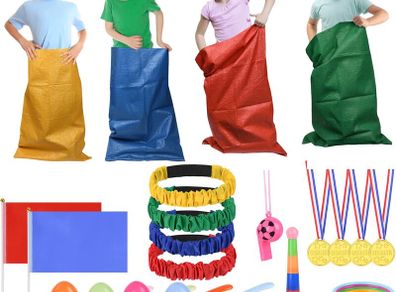 Sports Day Kit, 36 Pieces Outdoor Games Set, Sack Race, Egg and Spoon, 3 Legged Race, Ring Toss Game, Medal and Whistles, Backyard Game Birthday Party Games Kit for Kids and Family