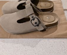 Birkenstock type slip on leather shoe / slipper /sandal with adjustable strap