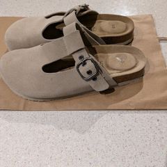 Birkenstock type slip on leather shoe / slipper /sandal with adjustable strap