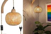 Wooden Indoor Wall Light, Vintage Wall Lamp with Plug and Switch, E27 Retro Bamboo Lantern, Rattan Bedside Lamp for Living Room, Bedroom, Stairs, Hallway (Bulb Not Included)