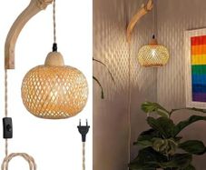 Wooden Indoor Wall Light, Vintage Wall Lamp with Plug and Switch, E27 Retro Bamboo Lantern, Rattan Bedside Lamp for Living Room, Bedroom, Stairs, Hallway (Bulb Not Included)