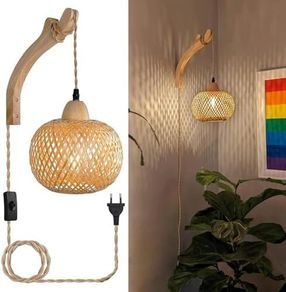 Wooden Indoor Wall Light, Vintage Wall Lamp with Plug and Switch, E27 Retro Bamboo Lantern, Rattan Bedside Lamp for Living Room, Bedroom, Stairs, Hallway (Bulb Not Included)