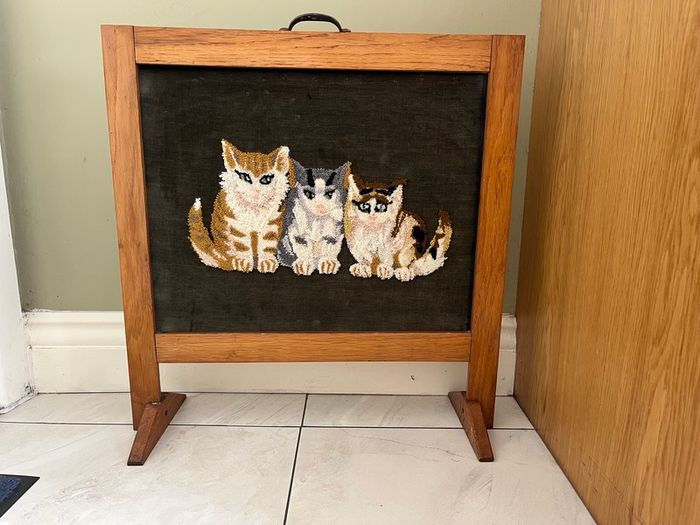 Cats needlepoint firescreen with mahogany surround