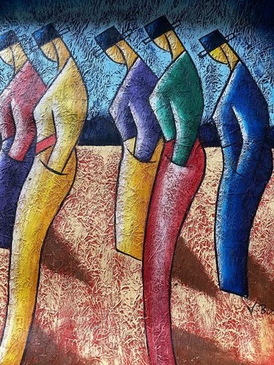 Textured Impasto Painting unframed Stylized Figures in Bowler Hats by V. Bon  size58x68cm