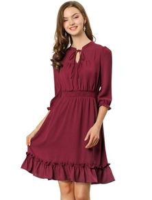 Brand New Allegra K Women Dress. Ruffle Hem Chiffon Short Dress Burgundy