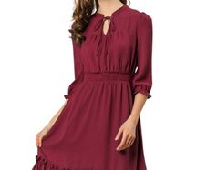 Brand New Allegra K Women Dress. Ruffle Hem Chiffon Short Dress Burgundy