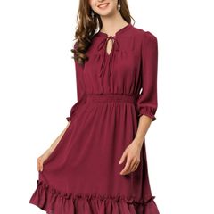 Brand New Allegra K Women Dress. Ruffle Hem Chiffon Short Dress Burgundy