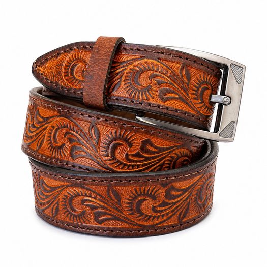 Unisex Genuine Leather Belt Vintage Embossed Design with Antique Buckle Casual & Formal Waist Belt