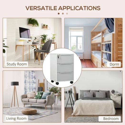 3-Drawer Locking File Cabinet Mobile Chest of Drawers Side Table on Wheels for Home Office, Bedroom and Living room