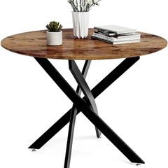 Round Dining Table Wooden 80cm Retro Kitchen Table for Dining Room, Industrial Style Rustic Brown and Black (Table Only)