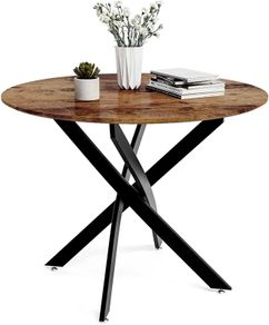 Round Dining Table Wooden 80cm Retro Kitchen Table for Dining Room, Industrial Style Rustic Brown and Black (Table Only)
