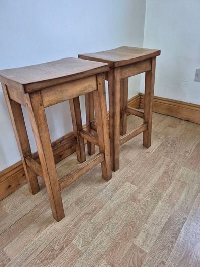 Pair of Vintage Solid Oak School Lab Stools Perfect Counter Height