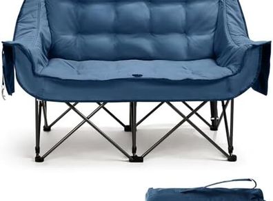 Portal Double Camping Chair Padded Folding Camping Sofa for Adults Large Quilted Love Seat Luxury Fodable Tub Chair Deluxe Moon Chair Collapsible Giant Festival Garden Lawn Picnic Load 272KG