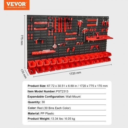 Wall Mounted Storage Bins, 30-Bin Parts Rack Organizer Garage Plastic Shop Tool with Wall Panels/Tool Holders/Hooks, Tool Organizer for Nuts, Bolts, Screws, Nails, Beads, Buttons, Black and Red