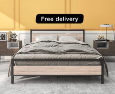 King Size Bed Frame with Wood Headboard,Heavy Duty Metal Platform