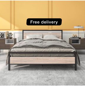 King Size Bed Frame with Wood Headboard,Heavy Duty Metal Platform